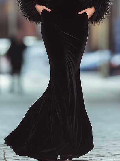 Black Velvet Gown With Feather Cuffs