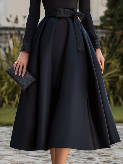 Belted High-Neck Midi Dress With Structured Silhouette