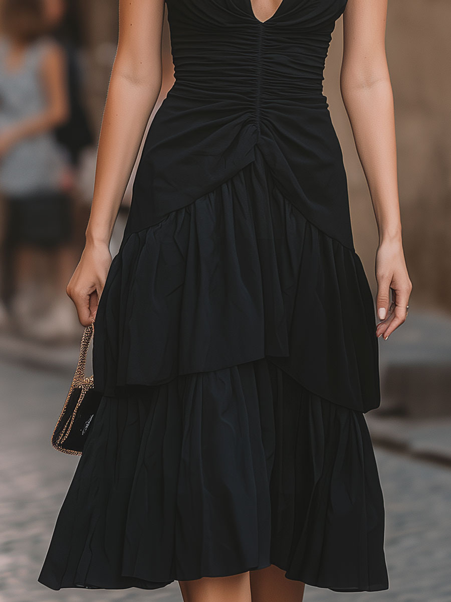 Mooyius Black Halter Neck Ruched Tiered Midi Dress