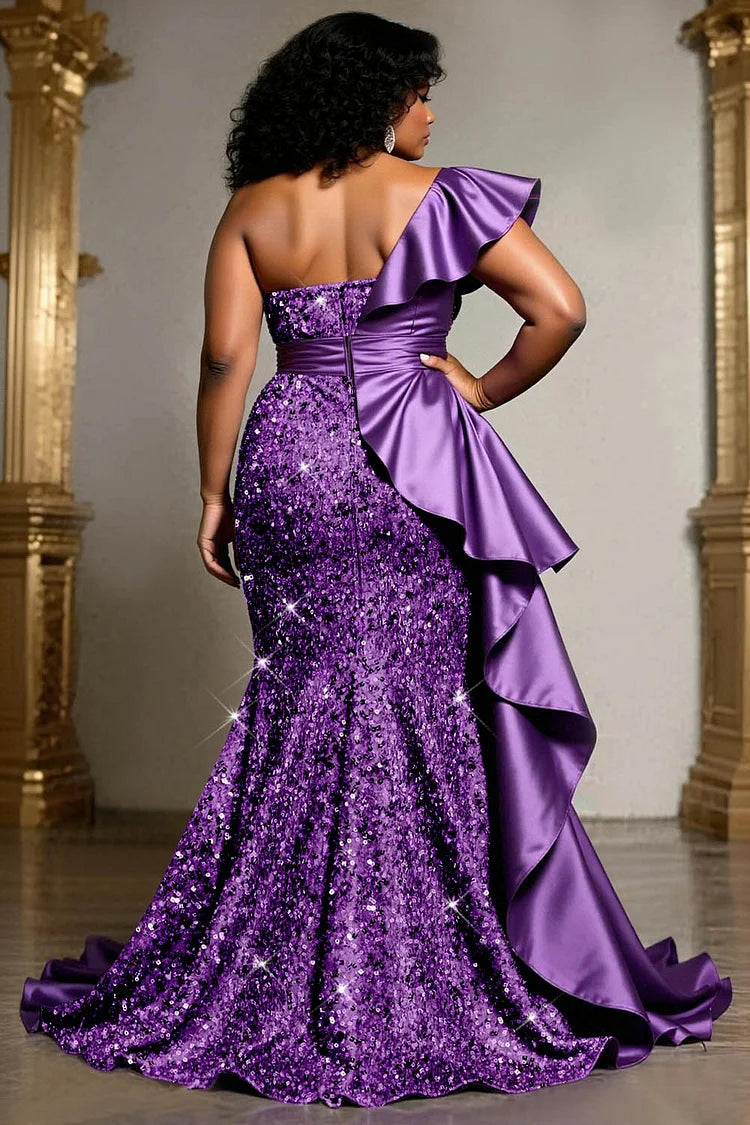 Formal Sequin Purple Oblique Collar Split Elegant Ruffle Satin Maxi Dress