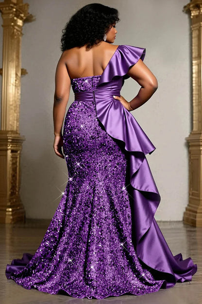 Formal Sequin Purple Oblique Collar Split Elegant Ruffle Satin Maxi Dress
