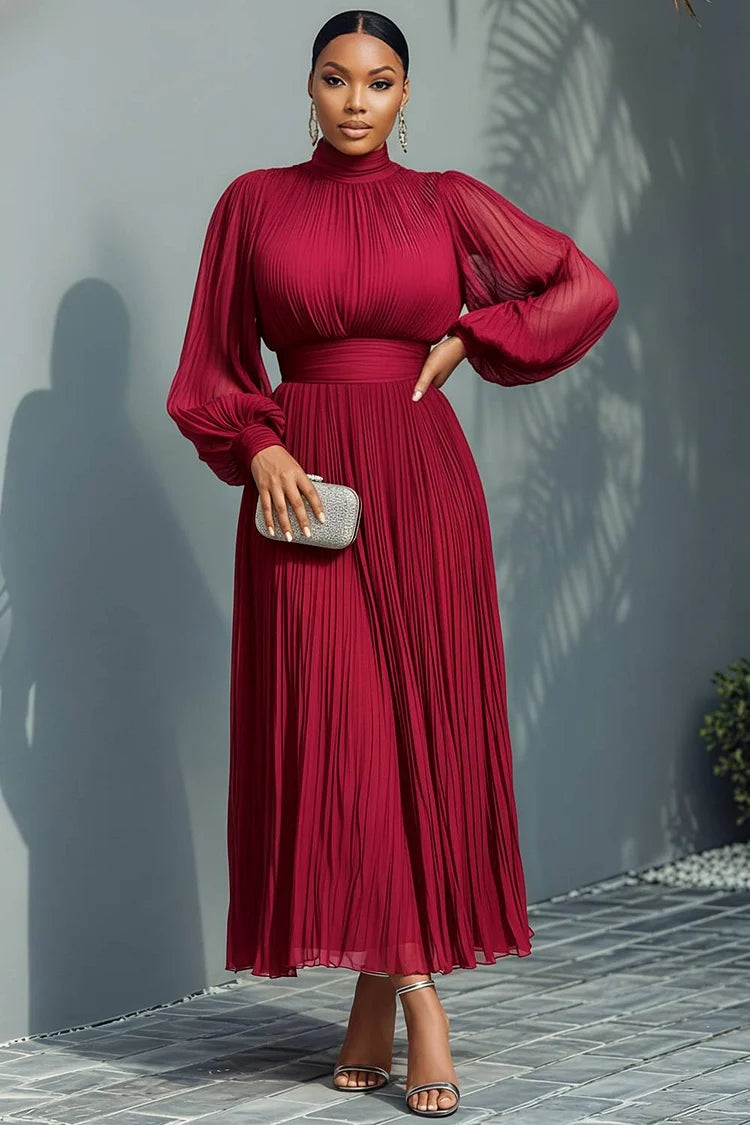 Mock Neck Lantern Sleeve Long Sleeve See Through Elegant Ruffled Midi Dress