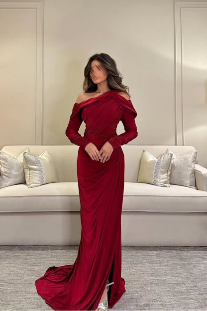 Off the Shoulder Long Sleeves Split Long Prom Dress With Pleated