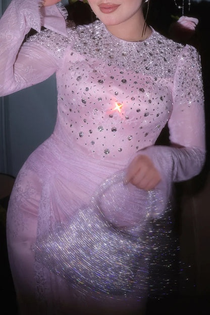 Beading Rhinestone Lace Flutter Sleeve Party Maxi Dress