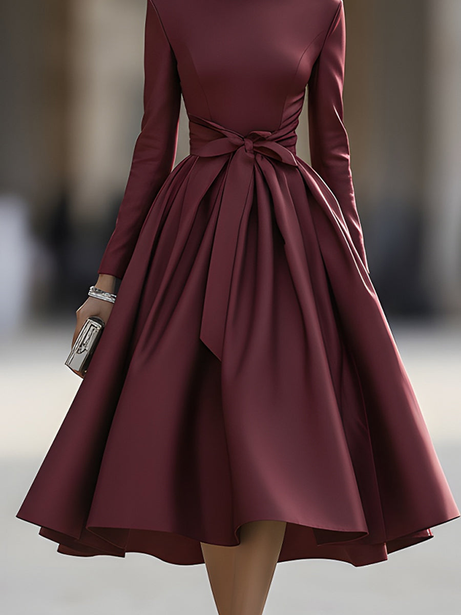 Burgundy High Neck Bow Detail Dress
