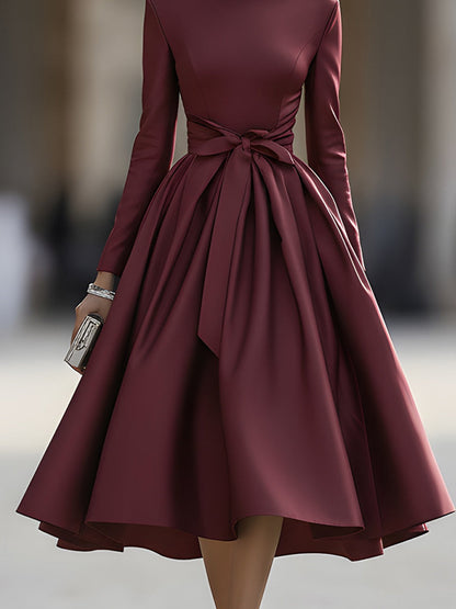 Burgundy High Neck Bow Detail Dress
