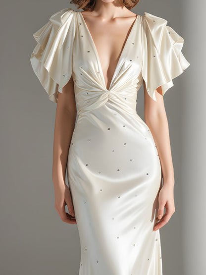 Ivory Crystal-Dot Gown With Ruffled Butterfly Sleeves And Deep-V Bodice