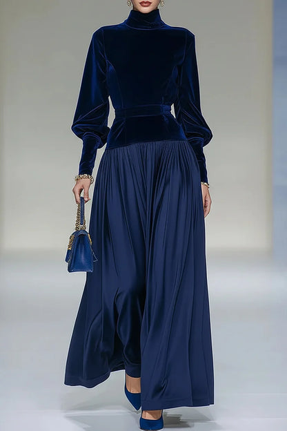 Velvet Patchwork Lantern Sleeve Pleated Hem Party Maxi Dress