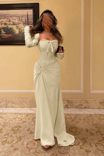 Sweetheart Strapless Long Sleeves Long Pleated Mermaid Prom Dress With Bow