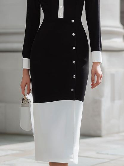 Elegant Black & White Contrast Button Midi Dress For Timeless Sophistication