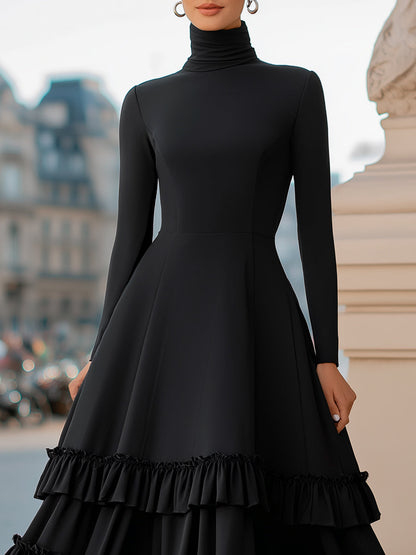 High-Neck A-Line Tiered Ruffle Midi Dress