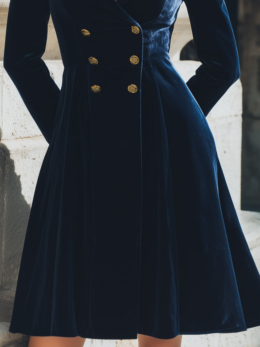 Navy Velvet Double-Breasted Blazer Dress