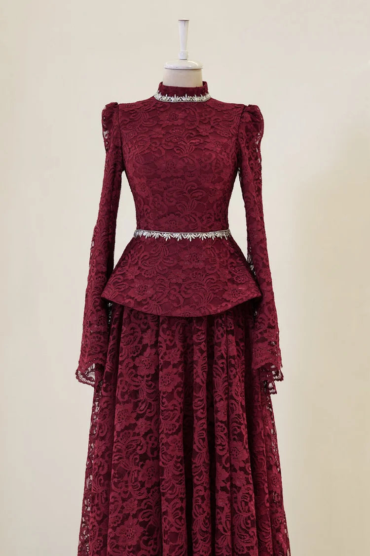 Rhinestone Embroidery Mock Neck Top Maxi Dress