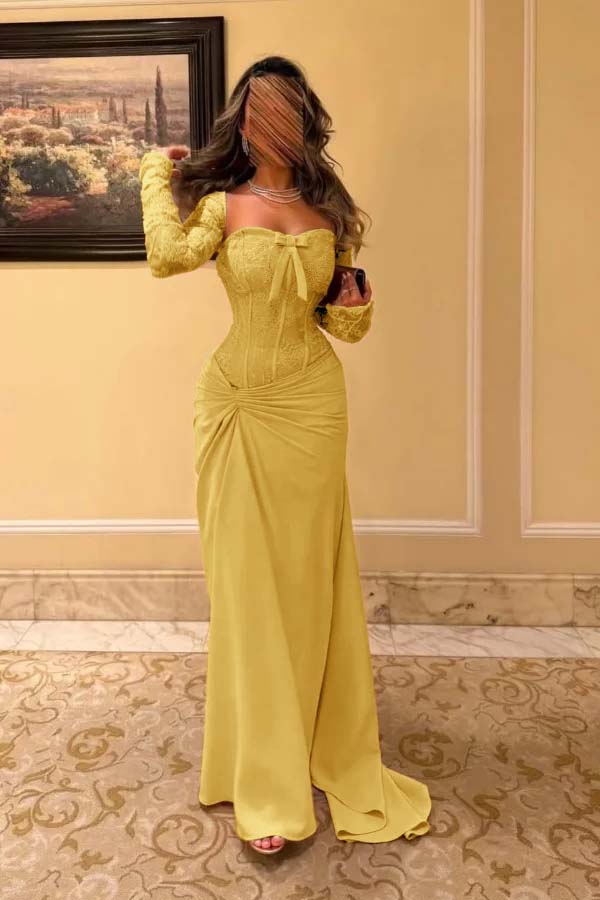 Sweetheart Strapless Long Sleeves Long Pleated Mermaid Prom Dress With Bow