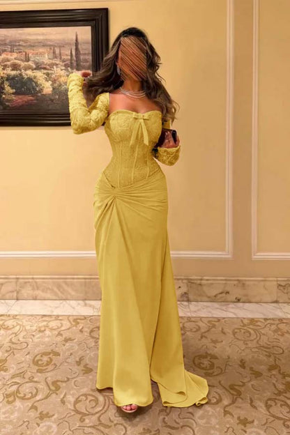 Sweetheart Strapless Long Sleeves Long Pleated Mermaid Prom Dress With Bow