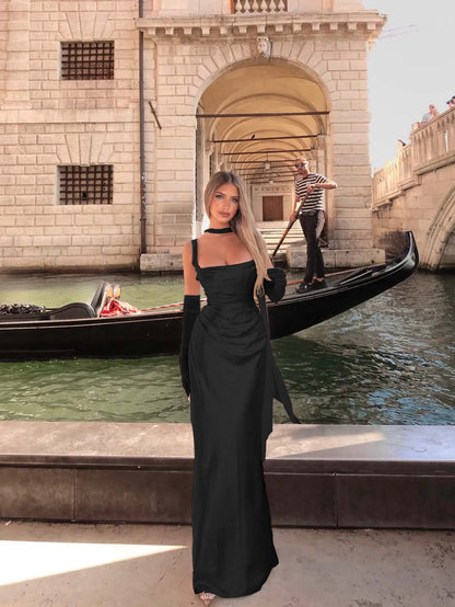 Spaghetti Strap Sleeveless Long Mermaid Prom Dress With Gloves