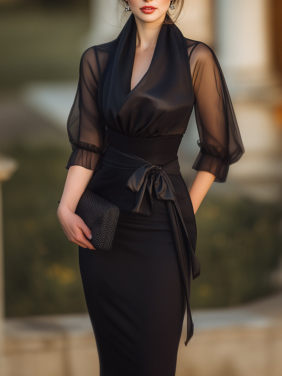 Sheer-Drape Waist-Tie Evening Dress