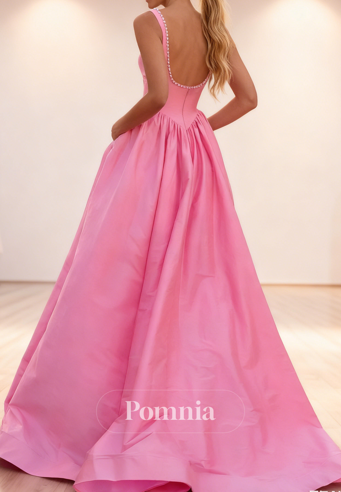 Blushing Pink Spaghetti Straps Scoop Slit Prom Dress