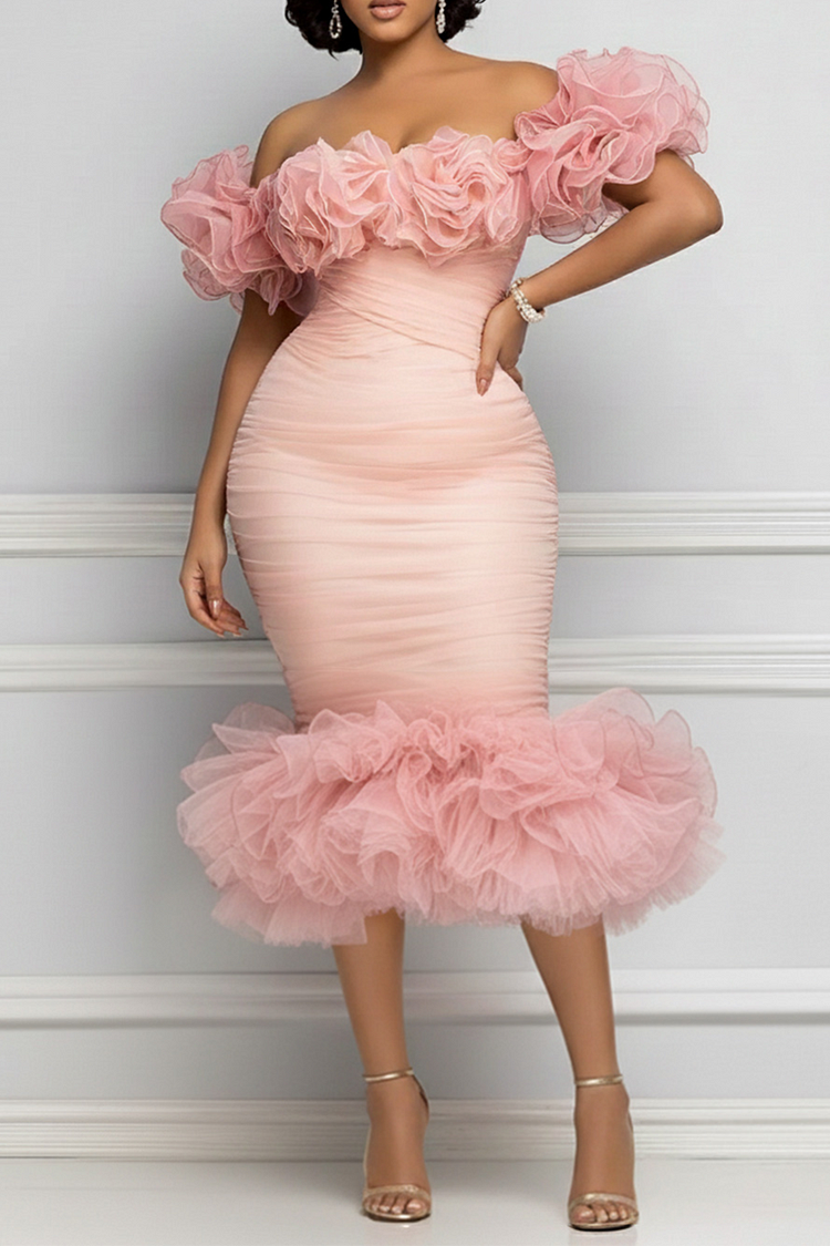 Pink Off The Shoulder 3D Elegant Bodycon Tulle Midi Dresses