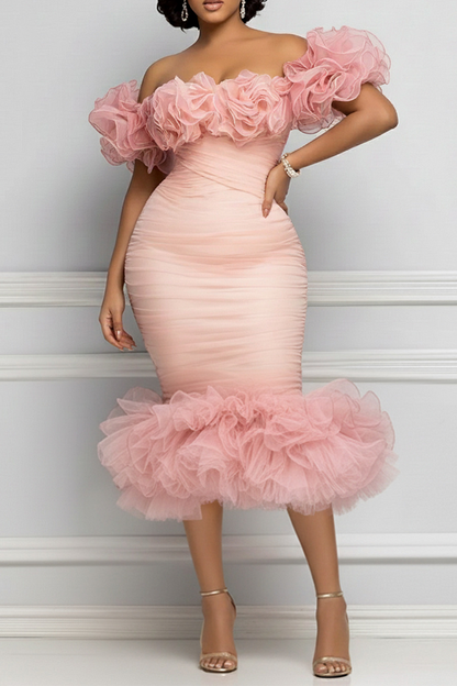 Pink Off The Shoulder 3D Elegant Bodycon Tulle Midi Dresses