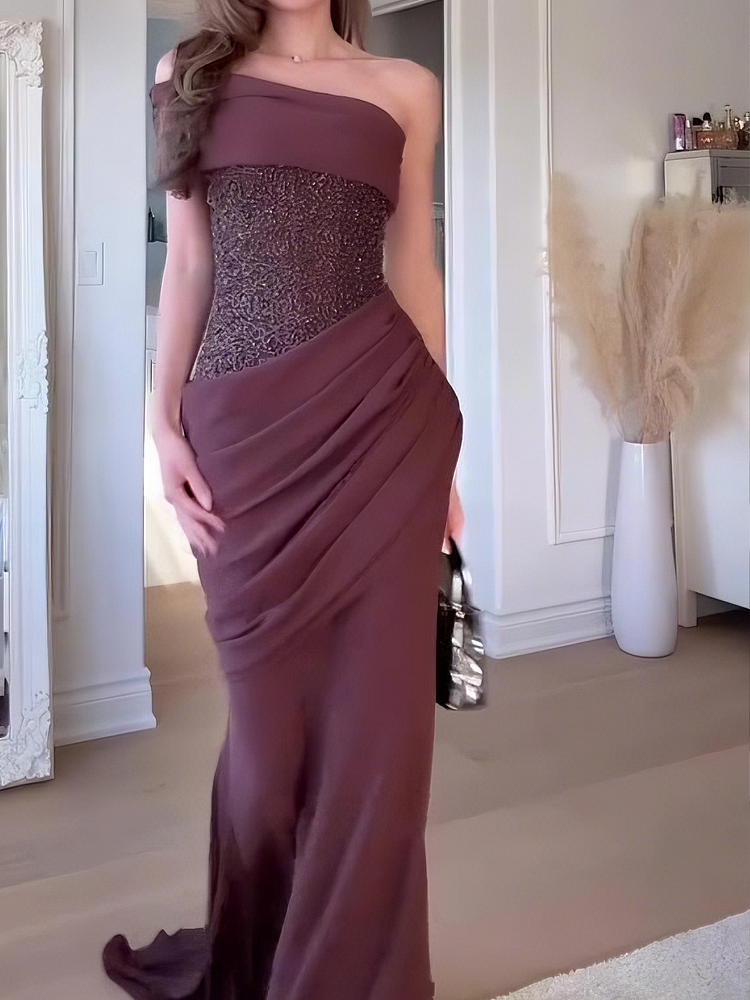 Tube Top Sleeveless Mermaid Formal Gowns Sleeveless Beaded Satin Pleated Evening Dress