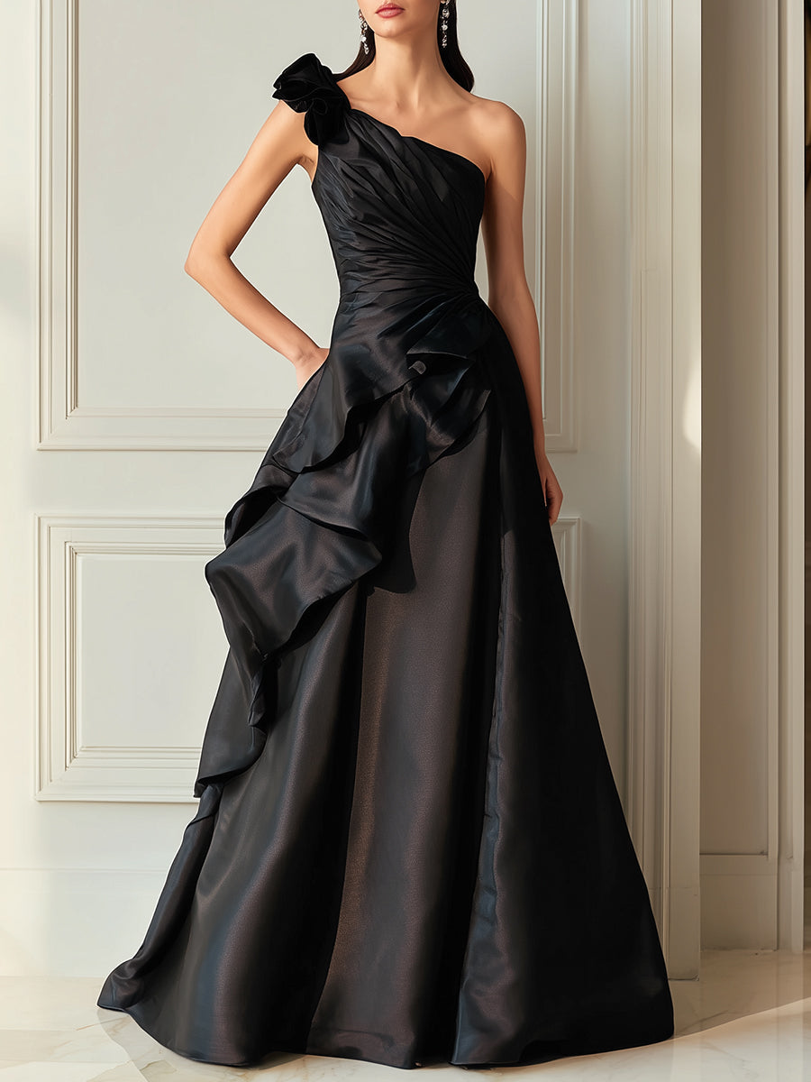 Black One-Shoulder Sculpted Ruffle Gown