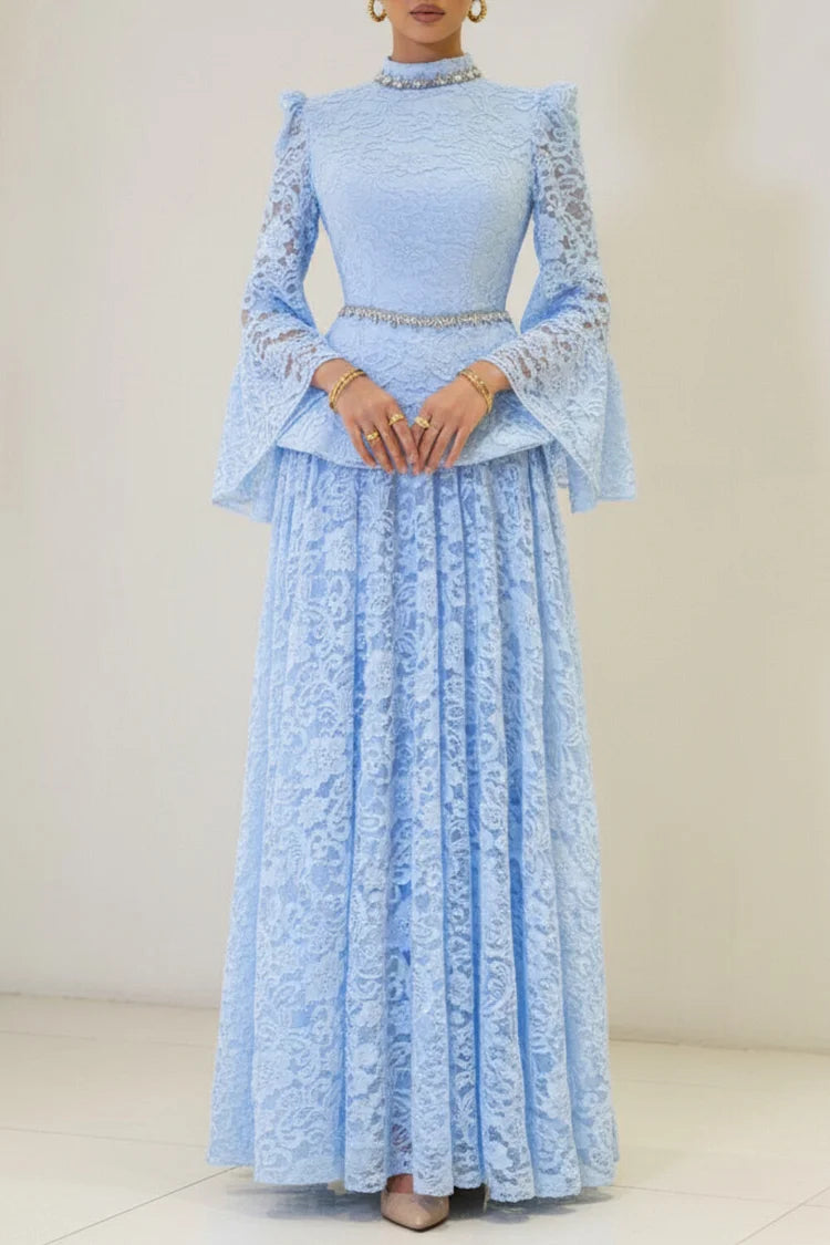 Rhinestone Embroidery Mock Neck Top Maxi Dress
