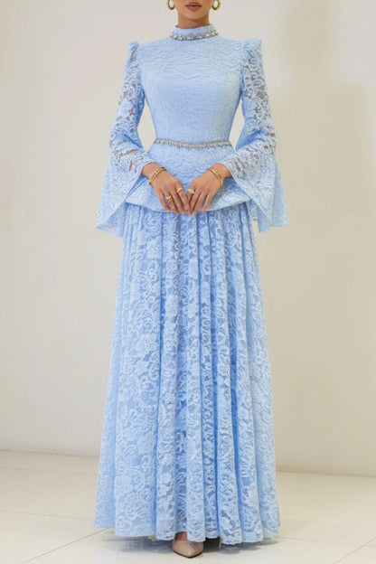 Rhinestone Embroidery Mock Neck Top Maxi Dress