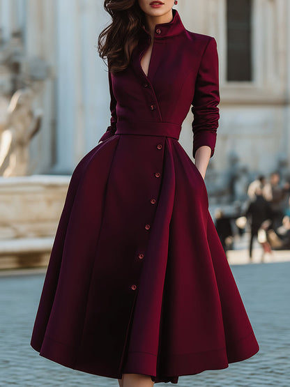 Elegant Band Collar Button-Down Midi Dress With Belt
