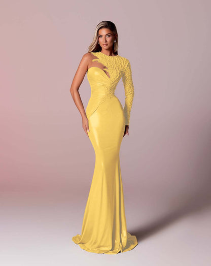 Asymmetric Neckline Single-Sided Long Sleeve Long Mermaid Prom Dress