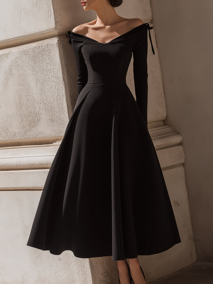 Off-Shoulder Bow Detail Black Midi Dress
