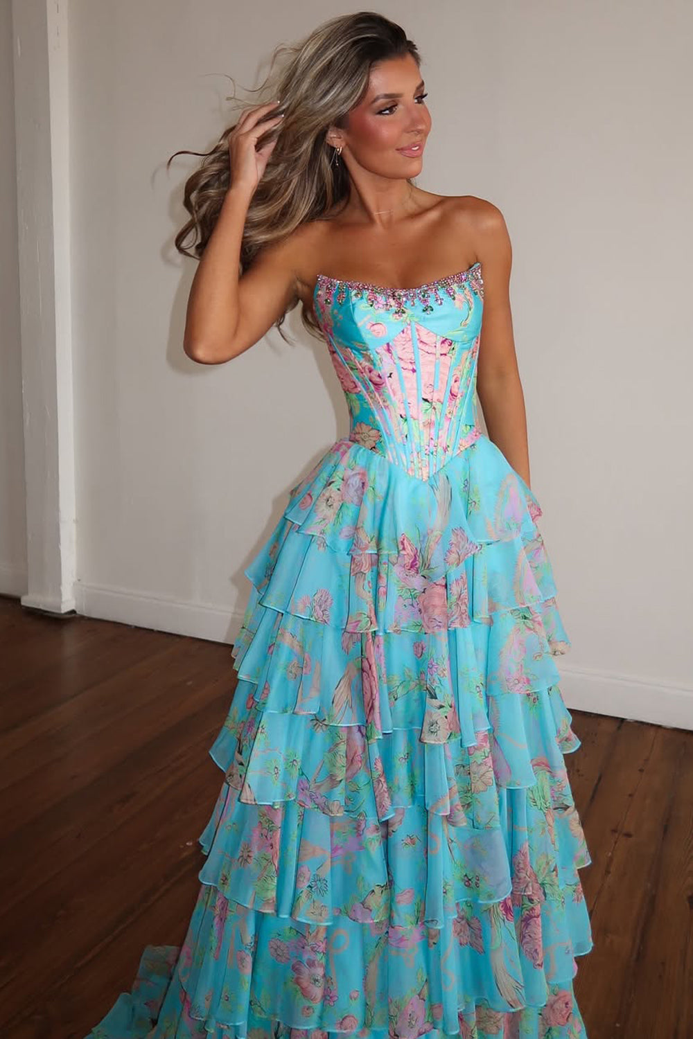 New Arrival A Line Scoop Neck Floral Chiffon Prom Dress with Beading