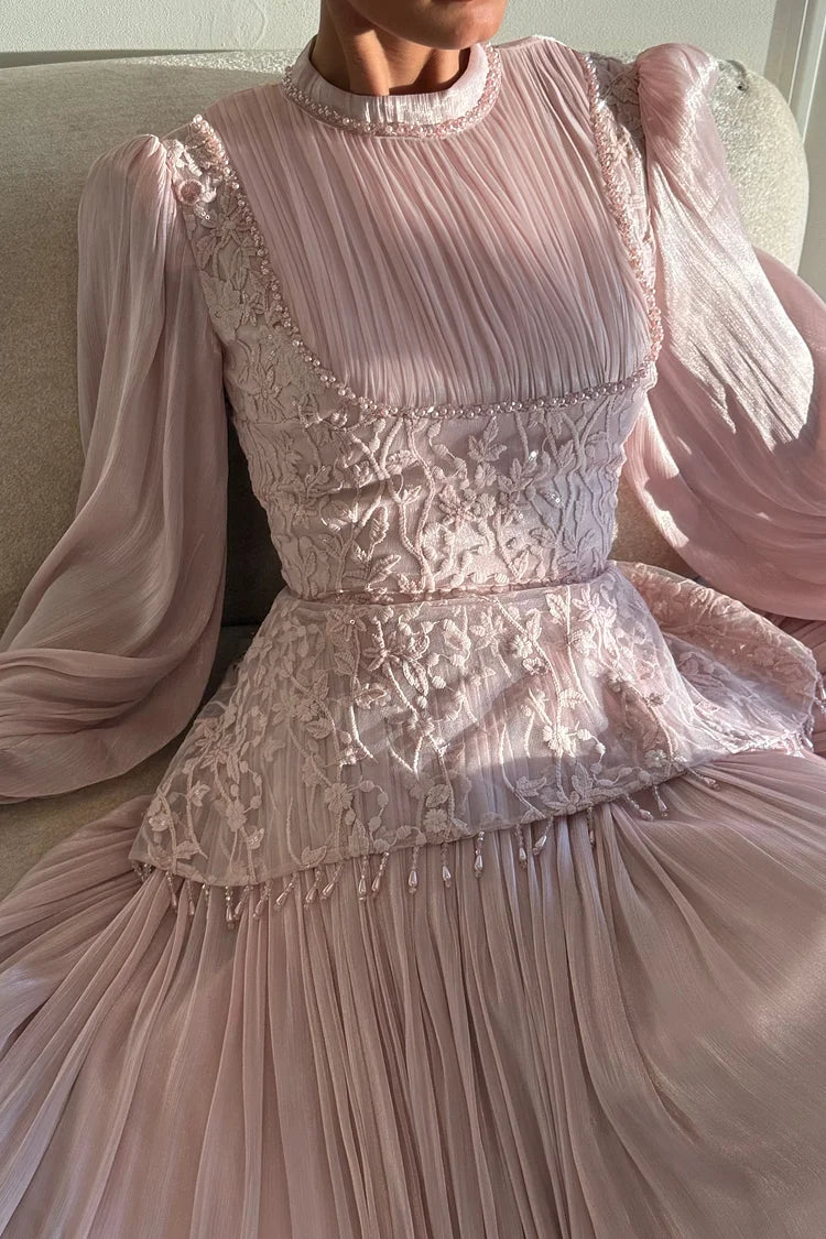 Flower Embroidery Beaded Tassel Pleated Party Maxi Dress