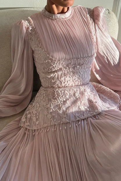 Flower Embroidery Beaded Tassel Pleated Party Maxi Dress