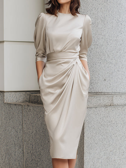 Elegant Draped Midi Dress With Soft Puff Sleeves