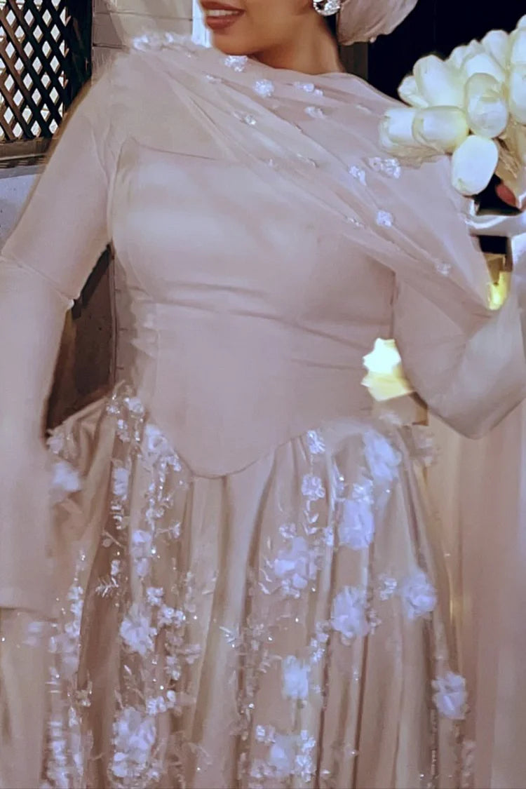 3D Floral Embroidery Corset Streamer Slit Cuff Party Maxi Dress