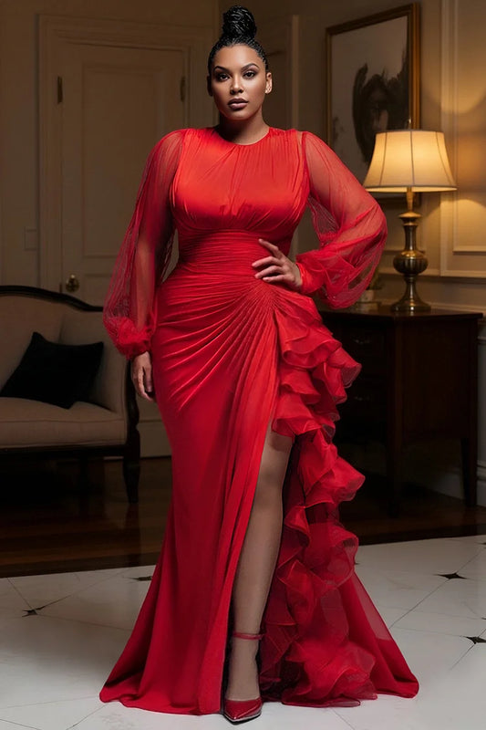 Red Round Neck Lantern Sleeve Long Sleeve Ruffle Satin Maxi Dresses