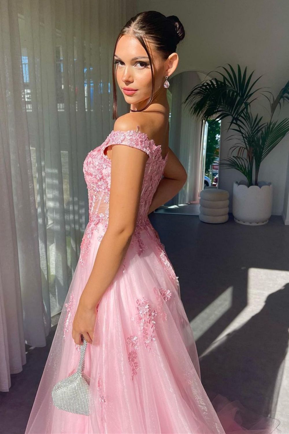 Charming A Line Off the Shoulder Pink Long Prom Dress with Appliques