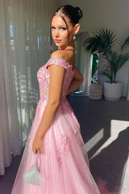 Charming A Line Off the Shoulder Pink Long Prom Dress with Appliques