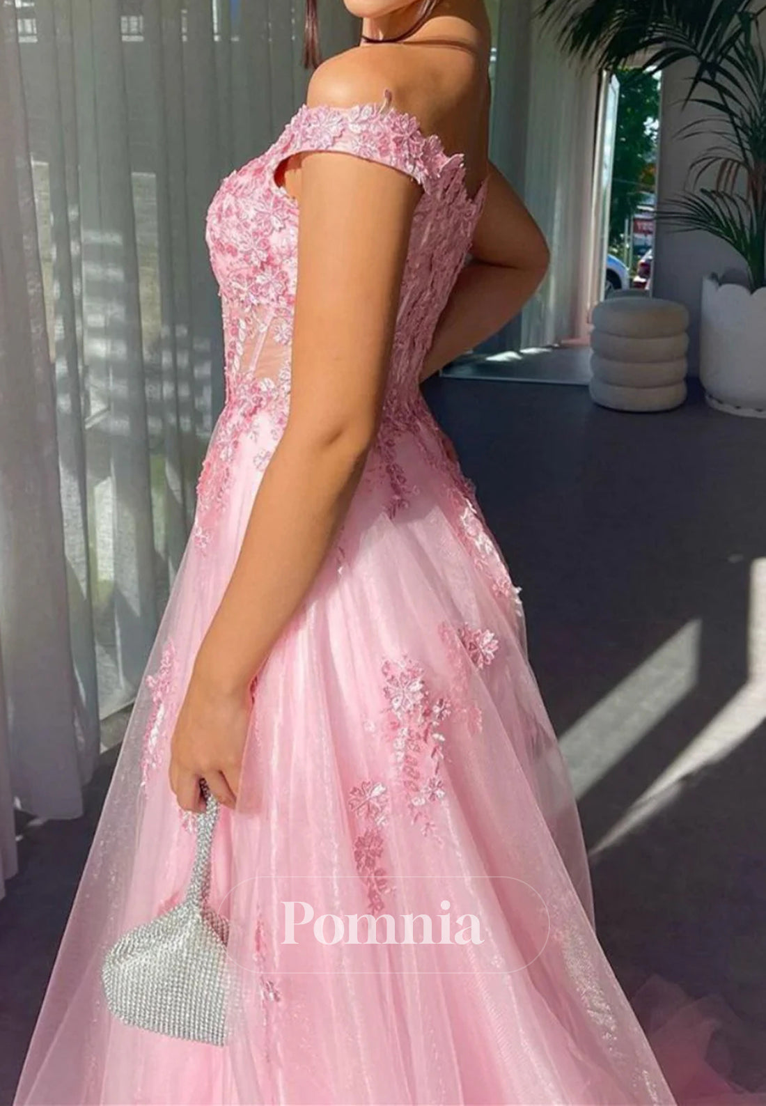 Charming A Line Off the Shoulder Pink Long Prom Dress with Appliques
