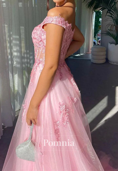 Charming A Line Off the Shoulder Pink Long Prom Dress with Appliques