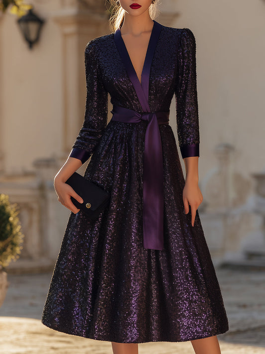 Deep V-Neck Belted Midi Dress