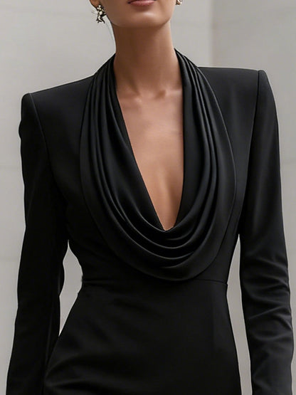 Sophisticated Black Cowl Neck Tailored Mini Dress