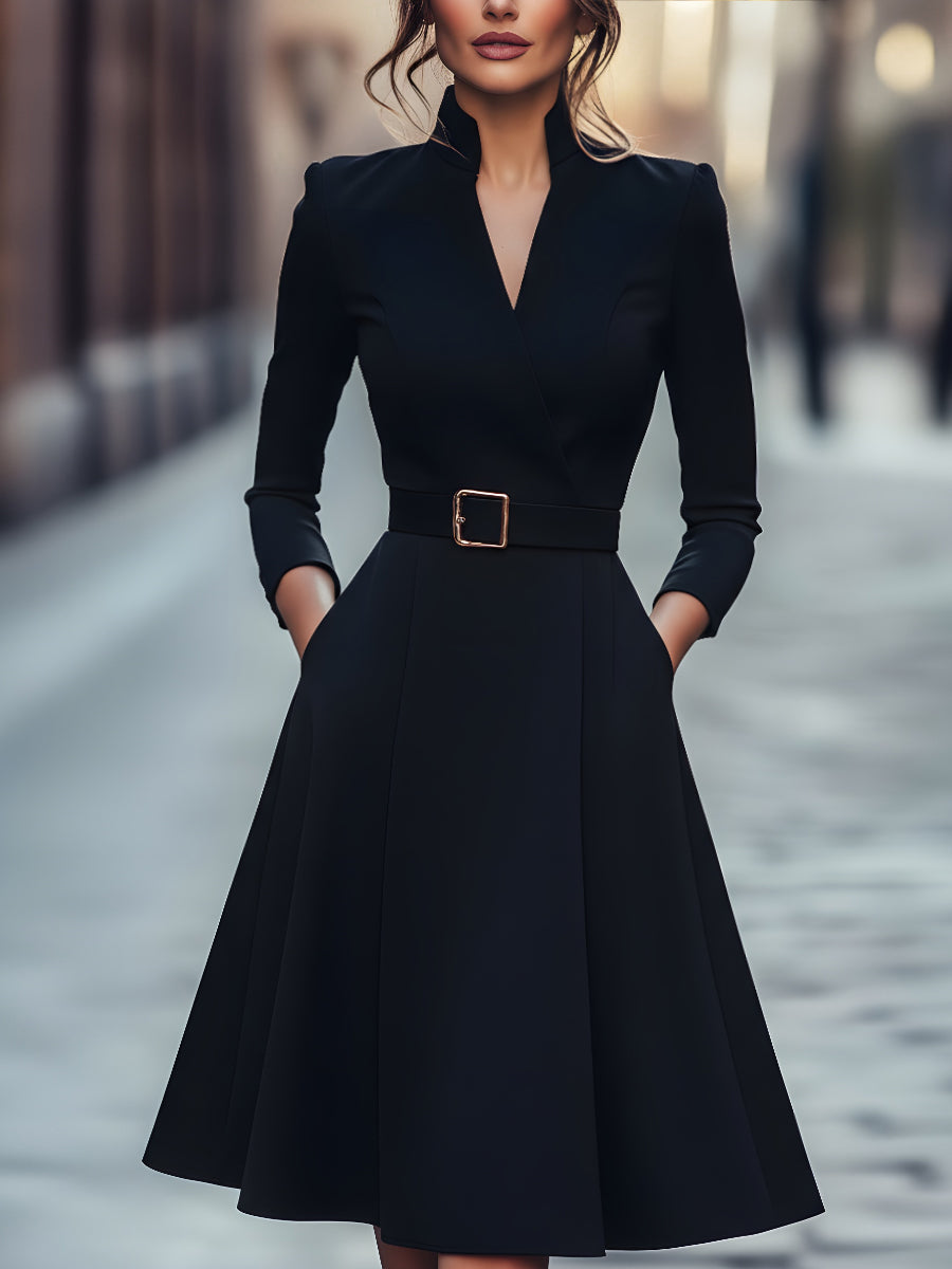 Classic Black Belted A-Line Dress