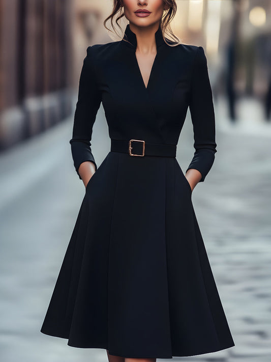 Classic Black Belted A-Line Dress