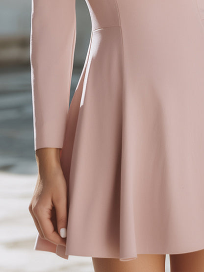 Elegant Pleated-Neck Long-Sleeve A-Line Mini Dress