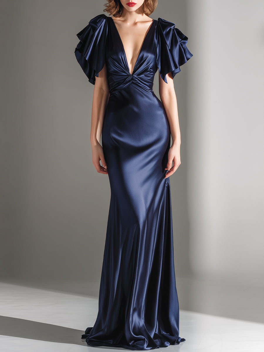 Draped Flutter-Sleeve Plunge Neck Evening Gown