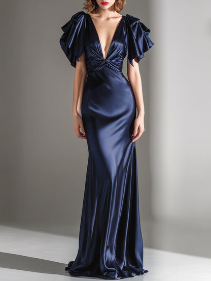 Draped Flutter-Sleeve Plunge Neck Evening Gown
