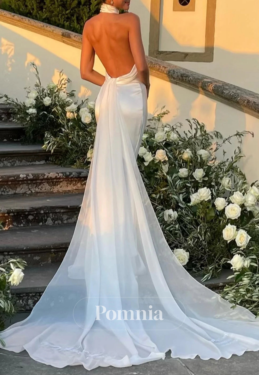 Elegant Mermaid Halter Neck White Long Bridal Dress with Sweep Train