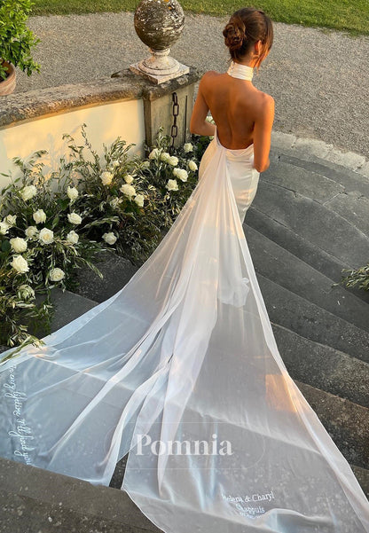 Elegant Mermaid Halter Neck White Long Bridal Dress with Sweep Train